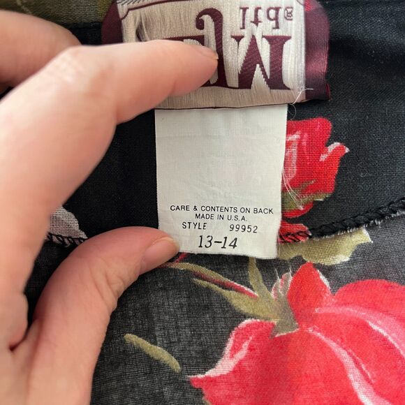 Vintage 1980s Retro Sheer Black Floral Cottagecore Midi Shirt Dress w/Pocket - Picture 9 of 11